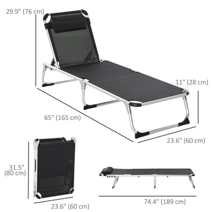 Folding Lounge Chair, Patio Lounger with Headrest, 5-Level Adjustable Backrest, and Aluminum Frame, Black