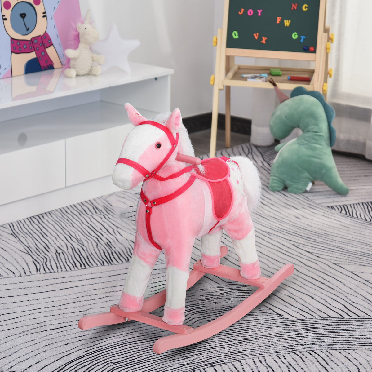 Rocking Horse Plush Pony Children Kid Ride on Toy w/ Realistic Sound (Light Pink)