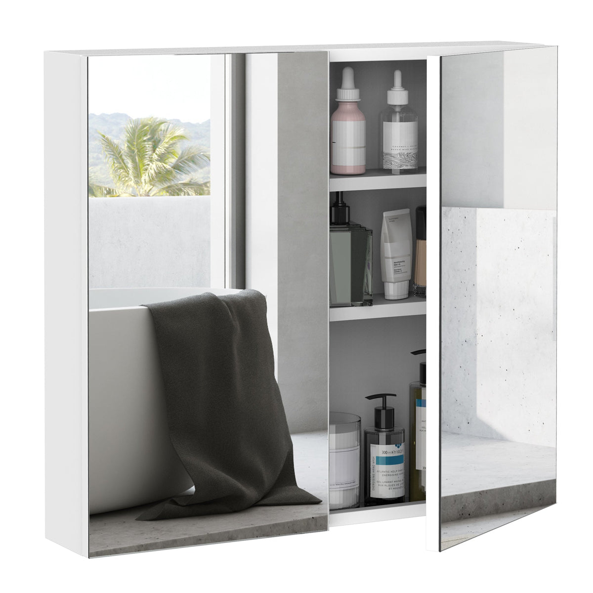 Wall Mounted Mirror Cabinet, Bathroom Medicine Cabinet with Mirror, 2 Doors and 3-tier Shelving, Silver