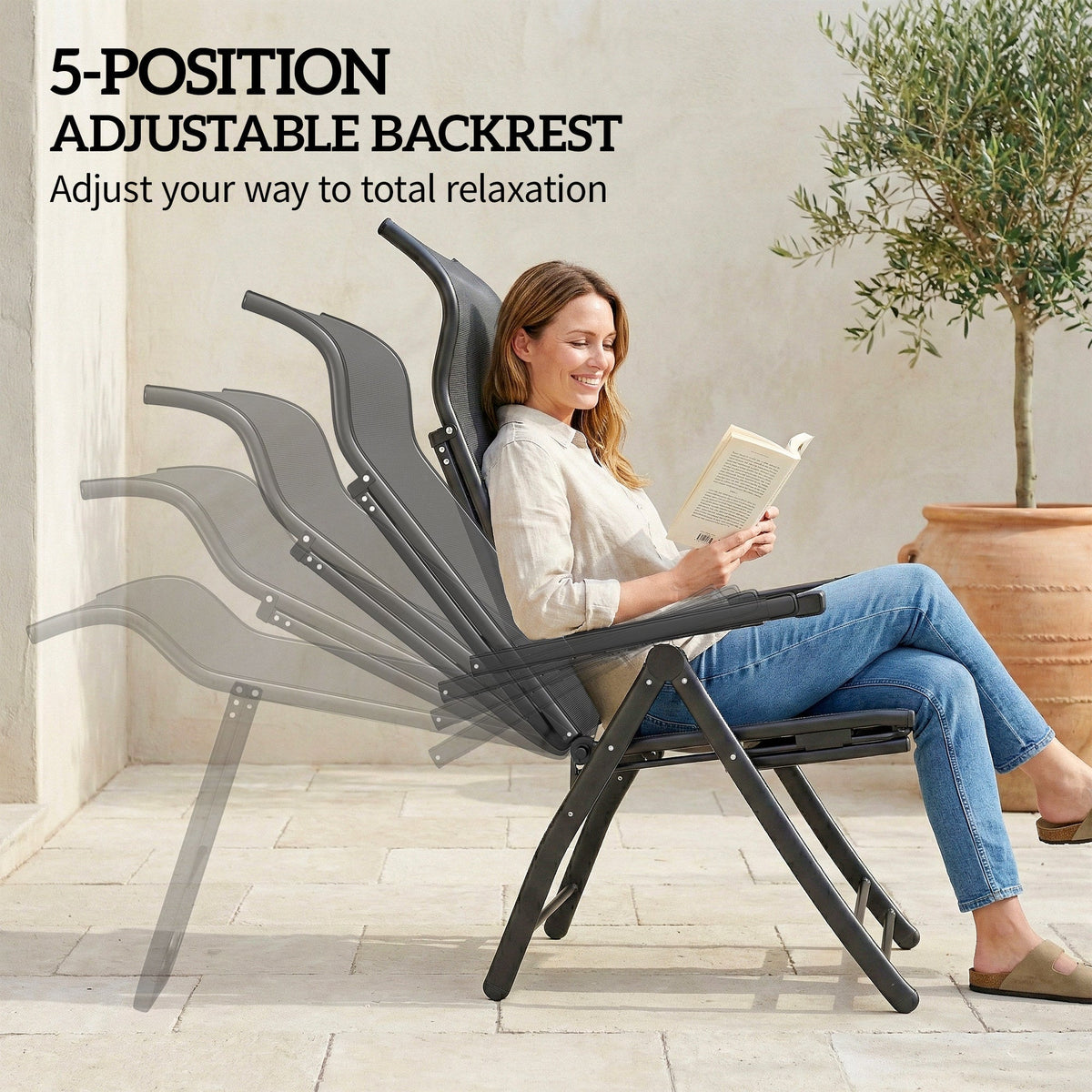 Folding Patio Chairs Set of 2, 5-Position Outdoor Lounge Chairs with High Back, Retractable Footrest, Black