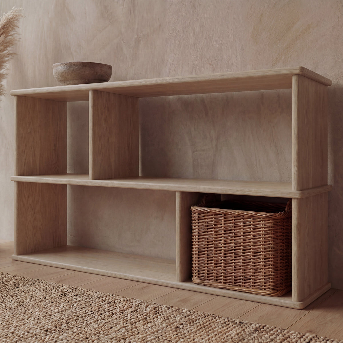 Horizontal bookshelf in white oak
