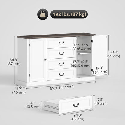 Farmhouse Sideboard with Charging Station, 58" Buffet Cabinet, Kitchen Storage Cabinet with 4 Drawers, 2 Doors, Black