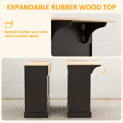 Kitchen Island with Drop Leaf, Rolling Kitchen Cart with 2 Drawers, Adjustable Shelves and Wood Countertop, Black