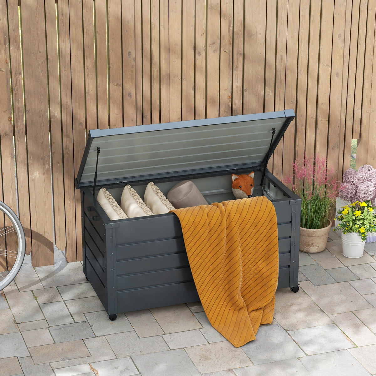 78 Gallon Garden Storage Box, Waterproof Outdoor Storage Container with Wheels and Handles, Dark Grey