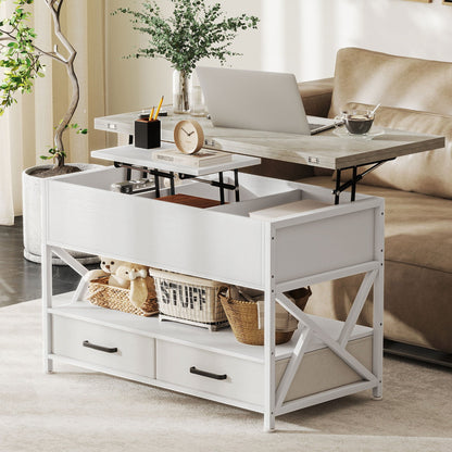 Modern Coffee Table, Lift Top Center Table with Fabric Drawers and Hidden Storage for Living Room, Distressed Black