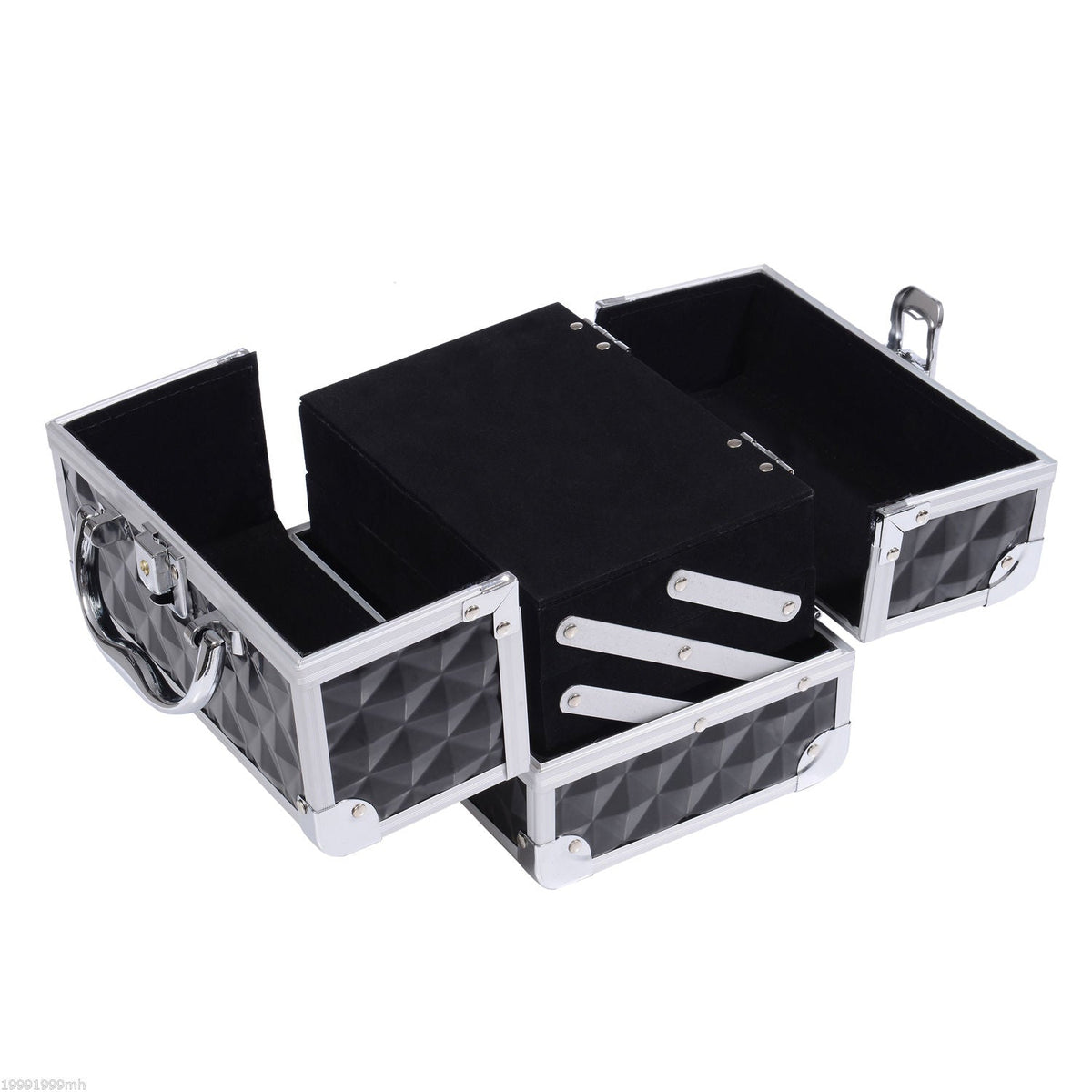 3 Tier Diamond Texture Makeup Train Case Cosmetic Organizer with Mirror, Black