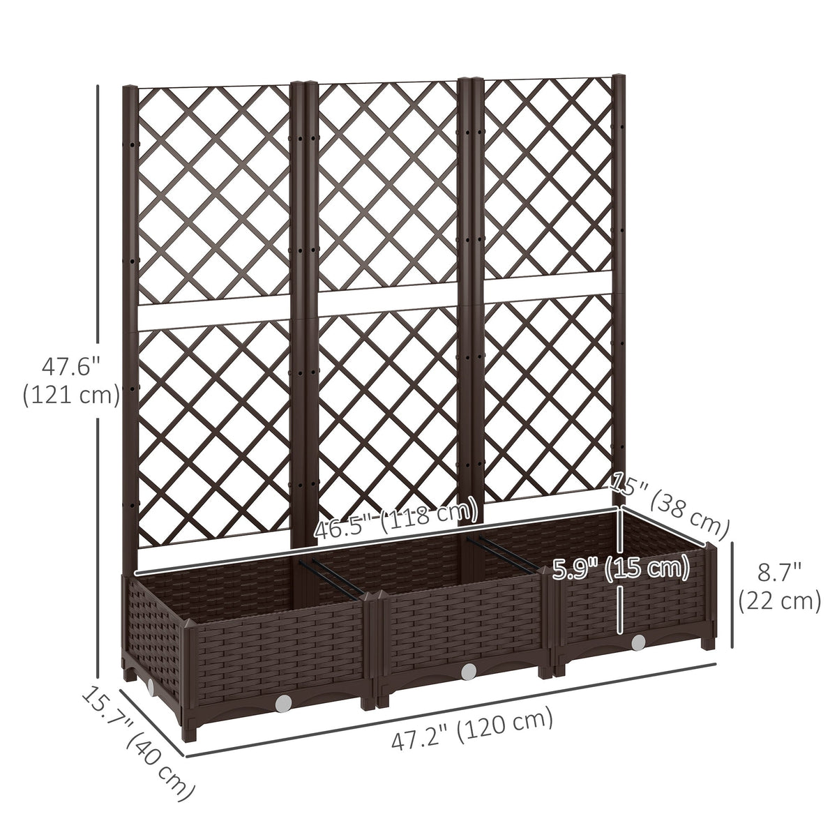 Raised Garden Bed with Trellis, Plastic Raised Flower Bed with Drainage Holes and Drain Plugs, 16" x 16" x 48"