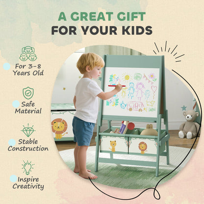 Art Easel for Kids, Double-Sided Whiteboard & Chalkboard with Paper Roll, 2 Storage Boxes, Gift for Boys, Girls, Green