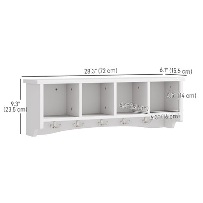 Coat Rack Wall Mount with Shelf, 28" Wall Coat Rack with 5 Hooks and 4 Compartments for Living Room, Entryway, Black