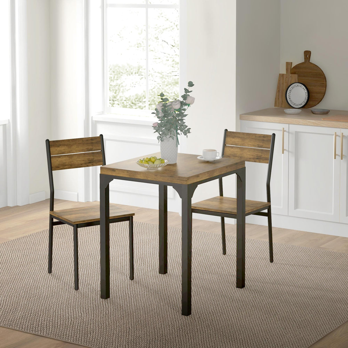 Dining Table Set for 2, 3 Piece Kitchen Table and Chairs with Metal Legs for Small Spaces, Natural Wood