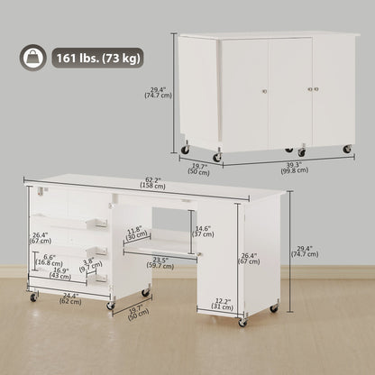 Sewing Machine Table with Drop Leaf, Folding Craft Table with 2 Doors and Adjustable Shelf for Small Spaces, Brown