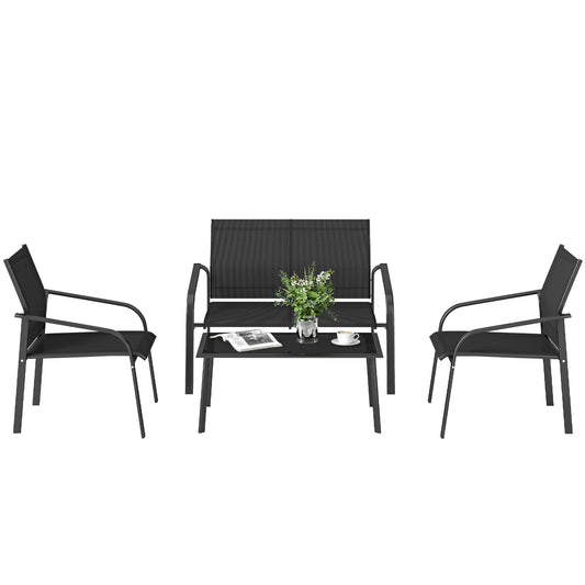 4 Piece Patio Furniture Set, Outdoor Conversation Set with Deep Seat, Loveseats, Armchairs, Glass-Top Table, Black