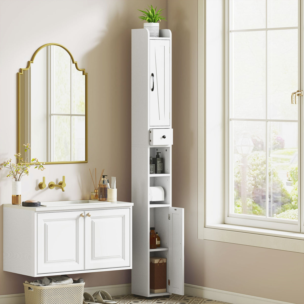 Narrow Bathroom Cabinet, Tall Bathroom Storage Cabinet with Barn Doors, Drawer and Adjustable Shelves, Brown Wood Grain