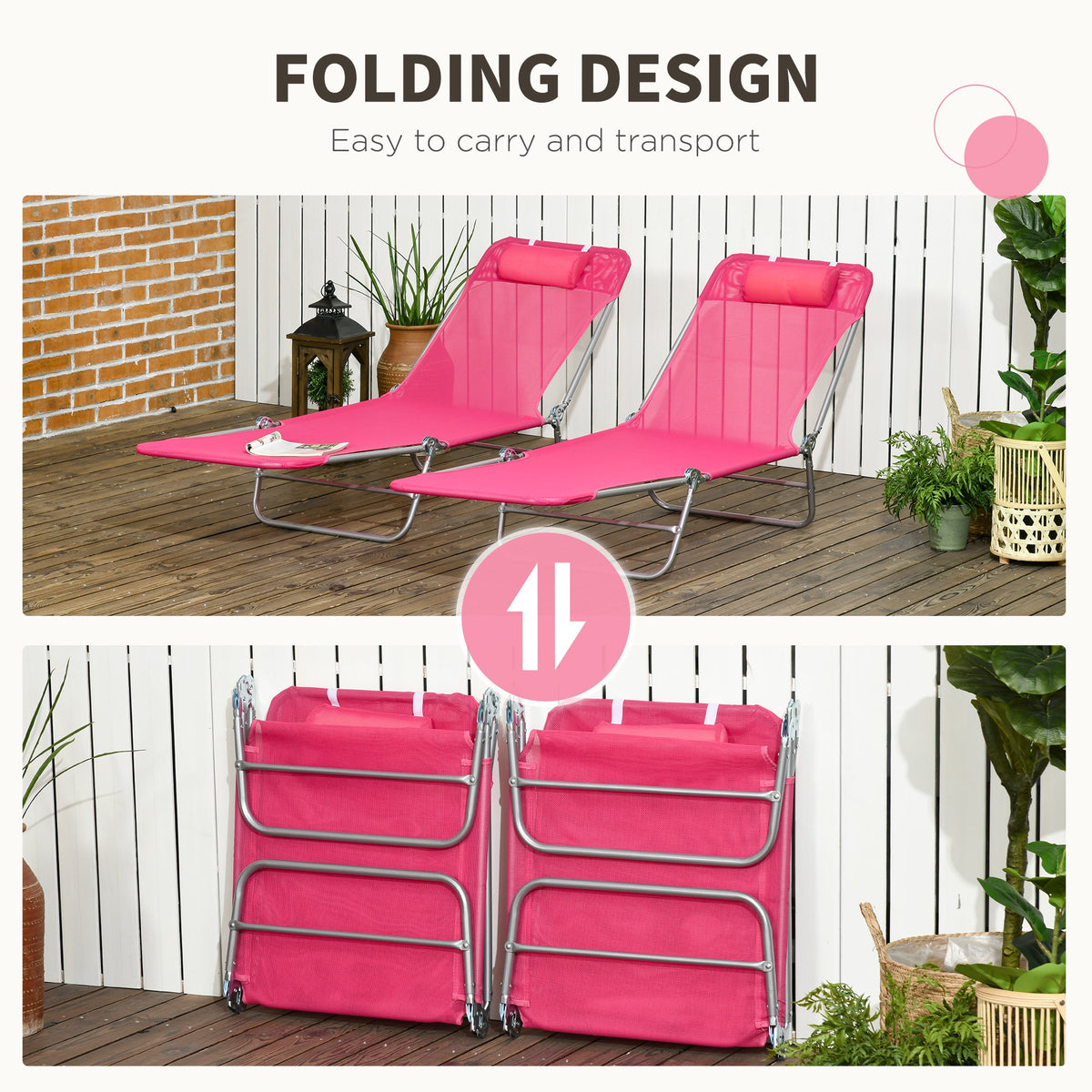 Set of 2 Folding Chaise Lounge Chairs, Outdoor Poolside Sun Tanning Chairs w/ Pillow, Reclining Backrest, Blue
