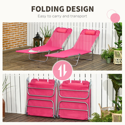 Set of 2 Folding Chaise Lounge Chairs, Outdoor Poolside Sun Tanning Chairs w/ Pillow, Reclining Backrest, Blue