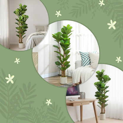 5FT Artificial Fiddle Leaf Fig Tree Set of 2, Fake Potted Tree with Solid Wood Trunks for Indoor Decor, Green