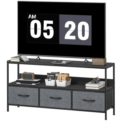 TV Stand with Charging Station, TV Table with 2 Foldable Linen Drawers and Open Shelf for 47 Inch Television, Black