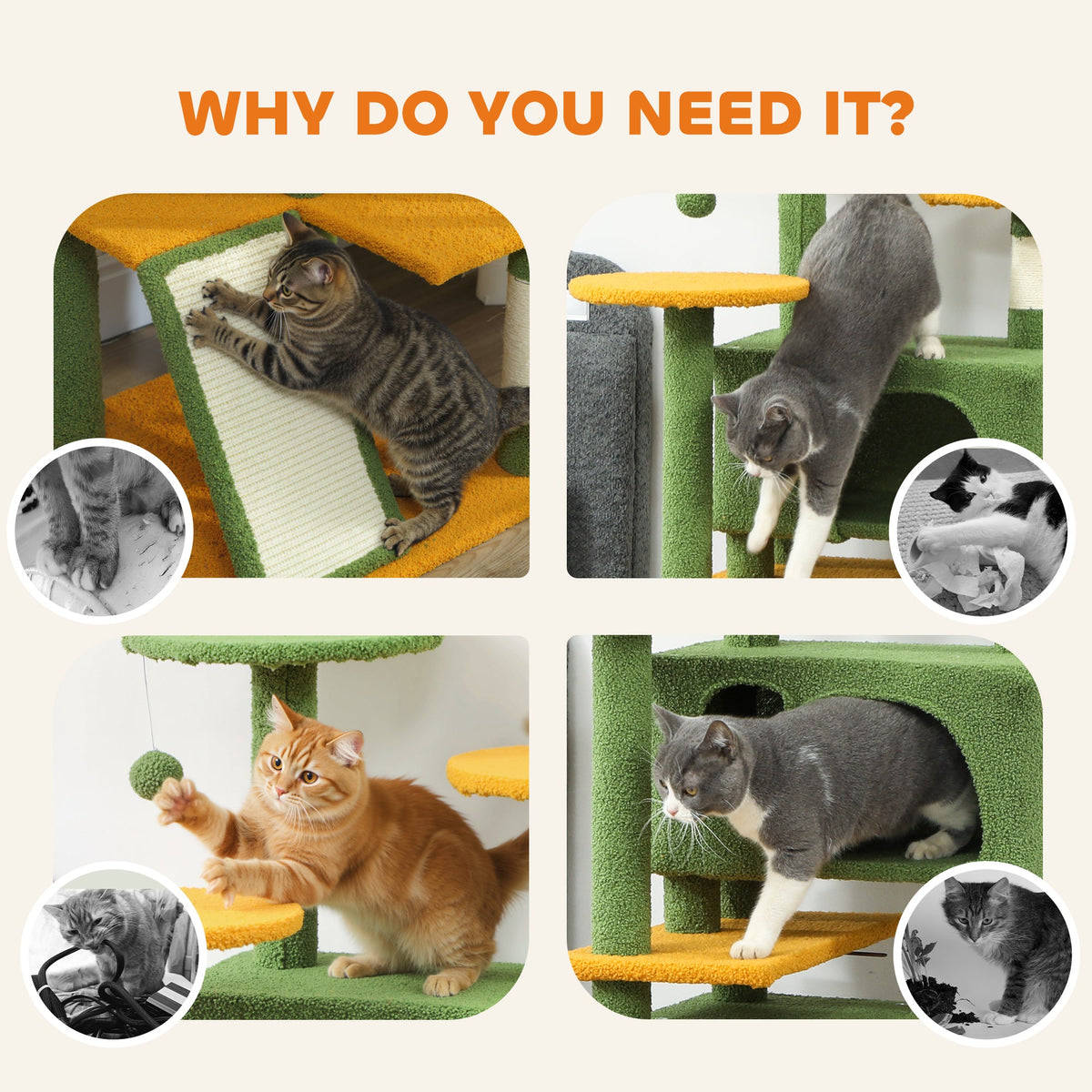 54" Cat Tree, Multi-Level Cat Tower with Scratching Posts, Cat Condos, Bed, Platforms, Ramp, Toy Ball, Beige