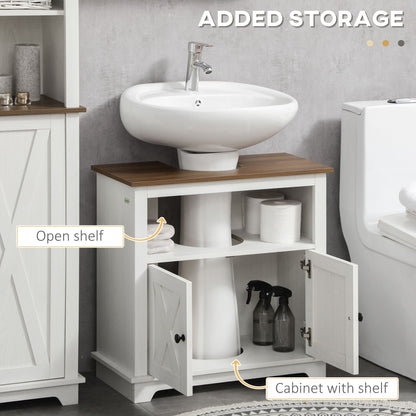 Farmhouse Bathroom Sink Cabinet, Pedestal Sink Storage Cabinet with Double Doors and Shelves, White