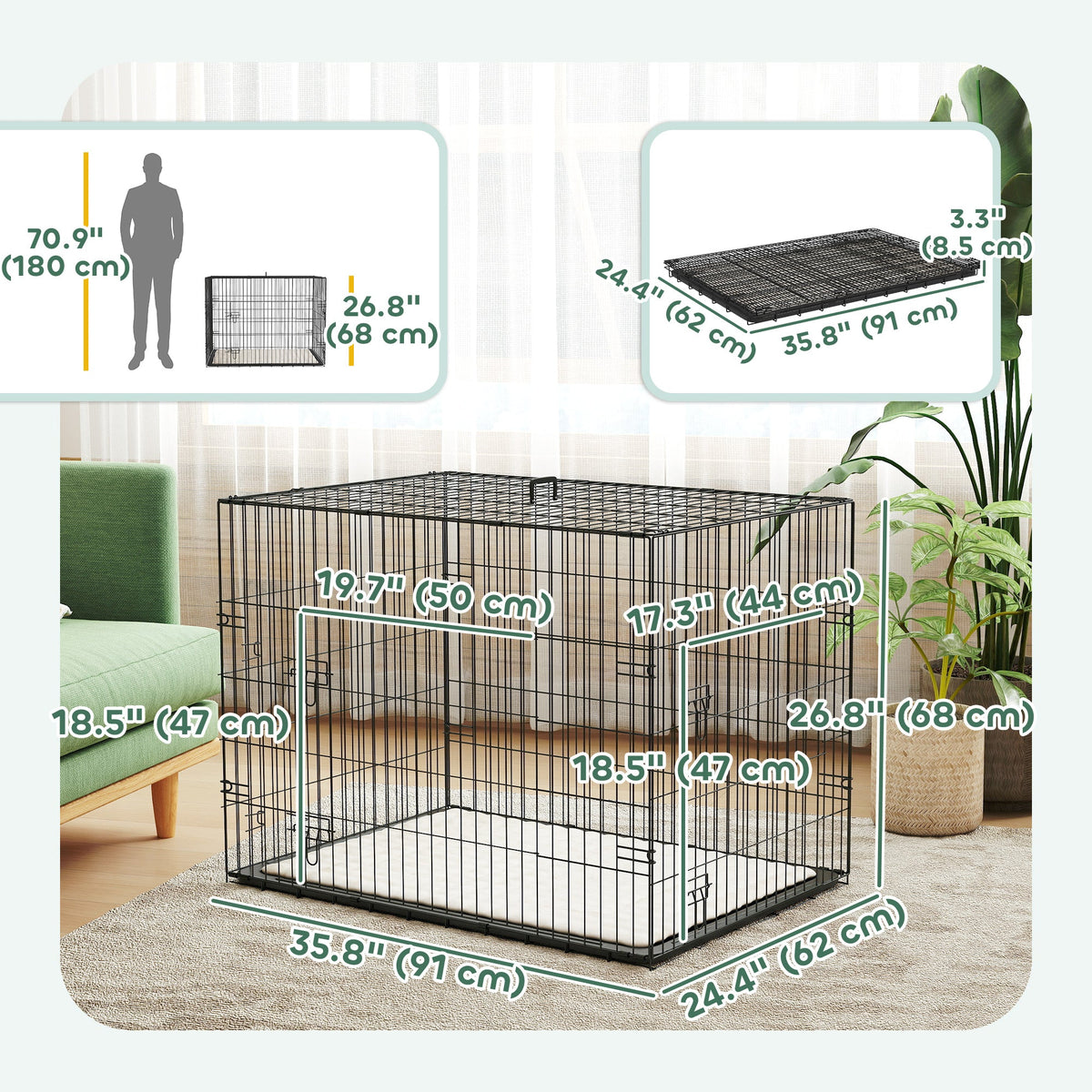 24" Dog Crate with 2 Doors, Folding Metal Dog Cage with Soft Cushion, Removable Tray, Handle for Extra Small Dogs, Black