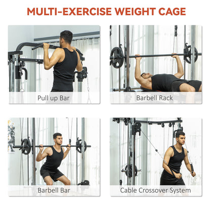 3 In 1 Smith Machine Power Rack with Cable Crossover System, Pull up Station, 16-Level Squat Rack and Barbell Bar