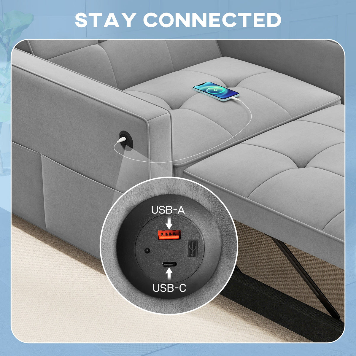 Convertible Chair Bed, Pull Out Sleeper Chair with USB, Adjustable Backrest, Small Velvet Futon Sofa Bed, Cream White