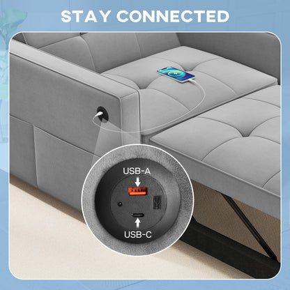 Convertible Chair Bed, Pull Out Sleeper Chair with USB, Adjustable Backrest, Small Velvet Futon Sofa Bed, Cream White