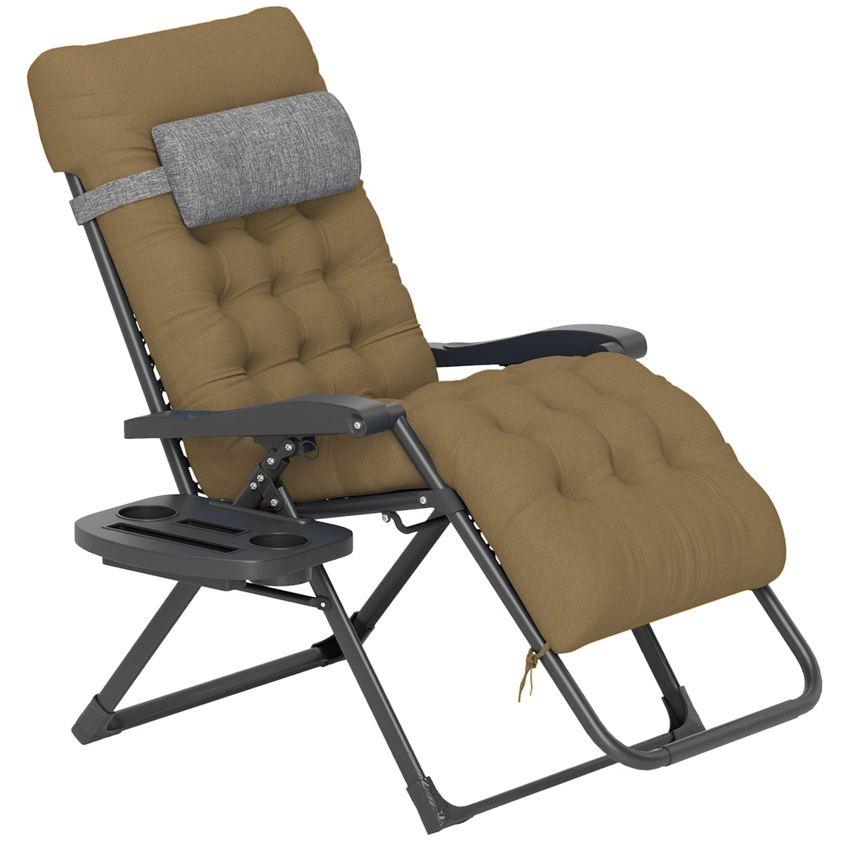 Padded Folding Recliner Chair, Patio Lounger with Cupholder, Adjustable Backrest, Removable Cushion, Black