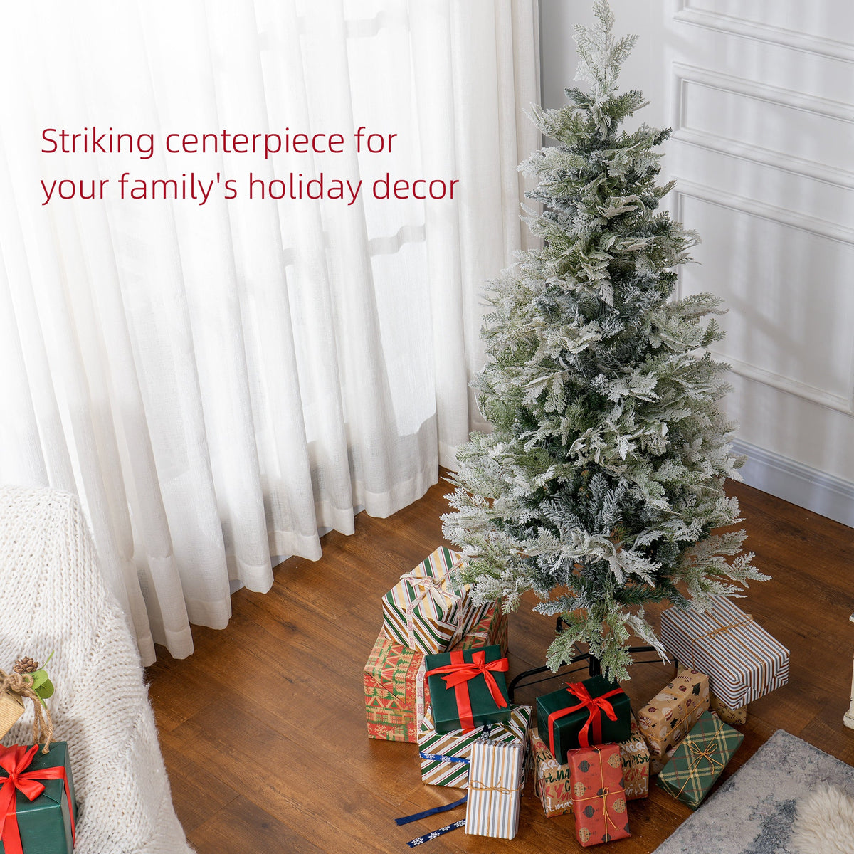 6 Feet Pencil Snow Flocked Artificial Christmas Tree with 517 Realistic Cypress Branches, Auto Open, Green