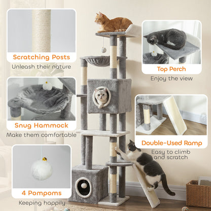 65 Inch Cat Tree with 2 Doors Condos, Plush Top Perch, Hammock, Sisal Scratching Posts, 4 Pompoms, Ramp, Grey