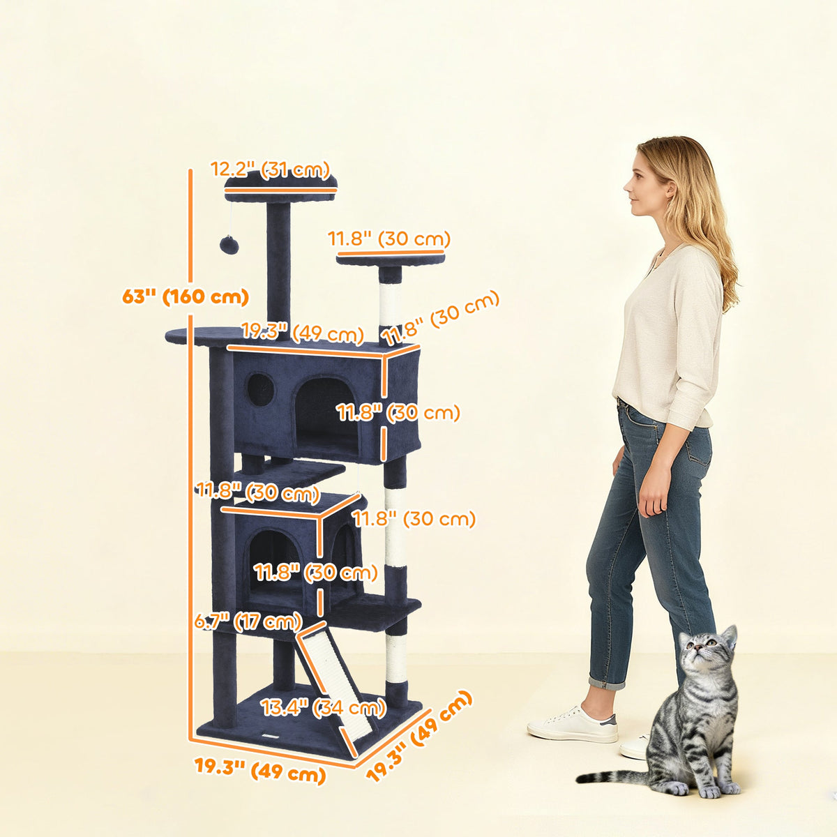 54" Cat Tree, Multi-Level Cat Tower with Scratching Posts, Cat Condos, Bed, Platforms, Ramp, Toy Ball, Beige
