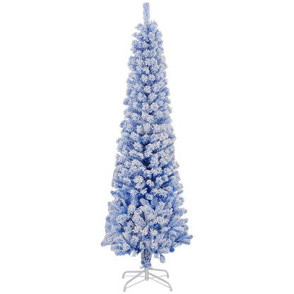 6ft Flocked Christmas Tree, Pencil Christmas Tree with Realistic Branch Tips, Folding Metal Stand, Green