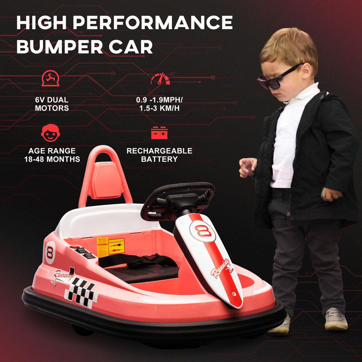 Kids Bumper Car, 6V 360° Rotation Electric Ride on Car, Twin Motors Battery Powered Toy with Music, Horn and Lights, Safety Belt, for Boys and Girls Aged 18-48 Months - Pink