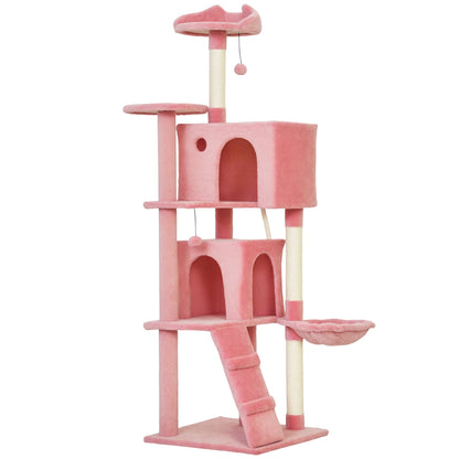 63 Inch Cat Tree with Sisal Scratching Posts, Condos, Plush Perches, Hammock, Ladder, Dangling Balls, Beige