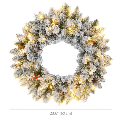 24" Christmas Front Door Wreath with Lights Flocked Christmas Wreath with Pine Cones and Berries for Windows Green