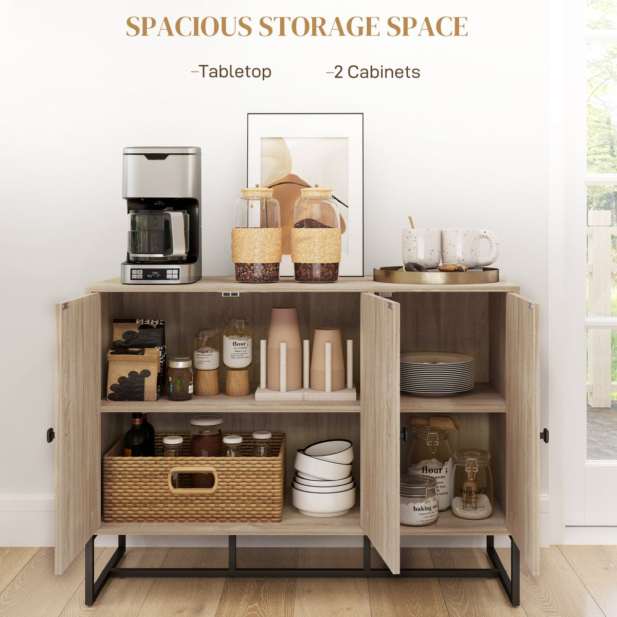 Modern Sideboard, Buffet Cabinet with Adjustable Shelves, 3 Chevron Doors for Living Room, Hallway, Oak Wood Grain