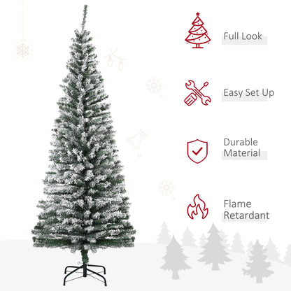 6ft Flocked Christmas Tree, Pencil Christmas Tree with Realistic Branch Tips, Folding Metal Stand, Green
