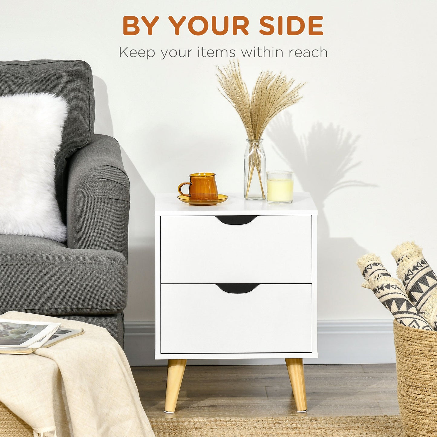 Jesse Nightstand with 2 Drawers and Pine Wood Legs-White