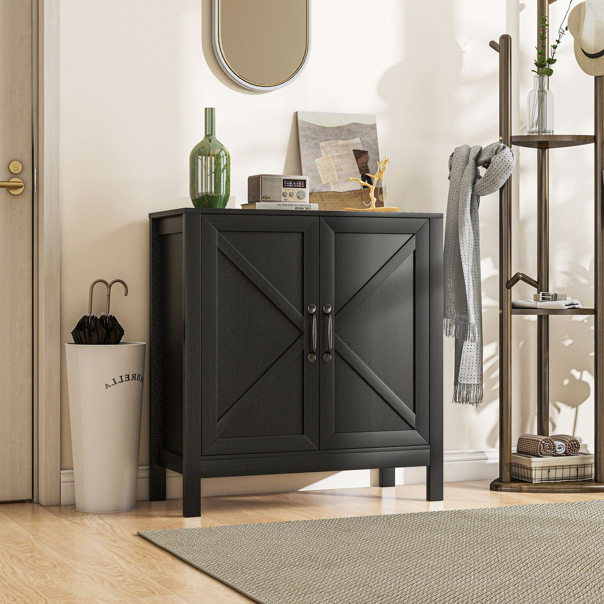 Sideboard Buffet, Kitchen Storage Cabinet with Barn Door and Adjustable Shelves, Storage Pantry, Black Oak