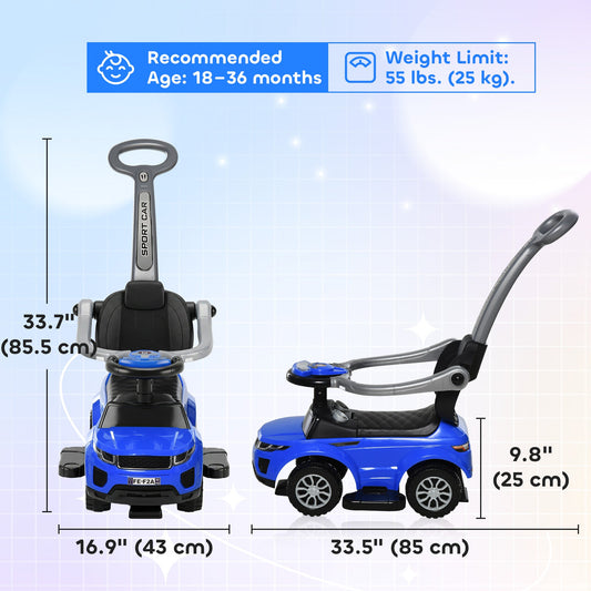 3 in 1 Kid Ride on Push Car, Toddlers Sliding Walking Car, with Horn, Music, Light, Parent Control Handle, Secure Bar, Under Seat Storage, for Boy Girl 18-36 Months, Blue