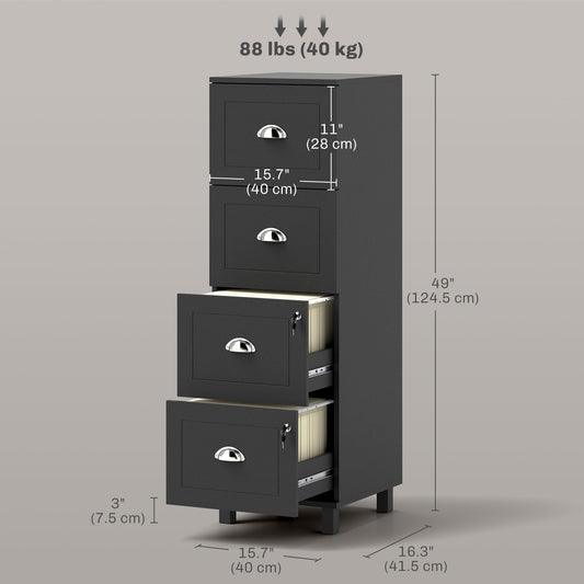 4 Drawer File Cabinet with Lock, Office Filing Cabinet, A4 Letter Size, Hanging File Folders, Black