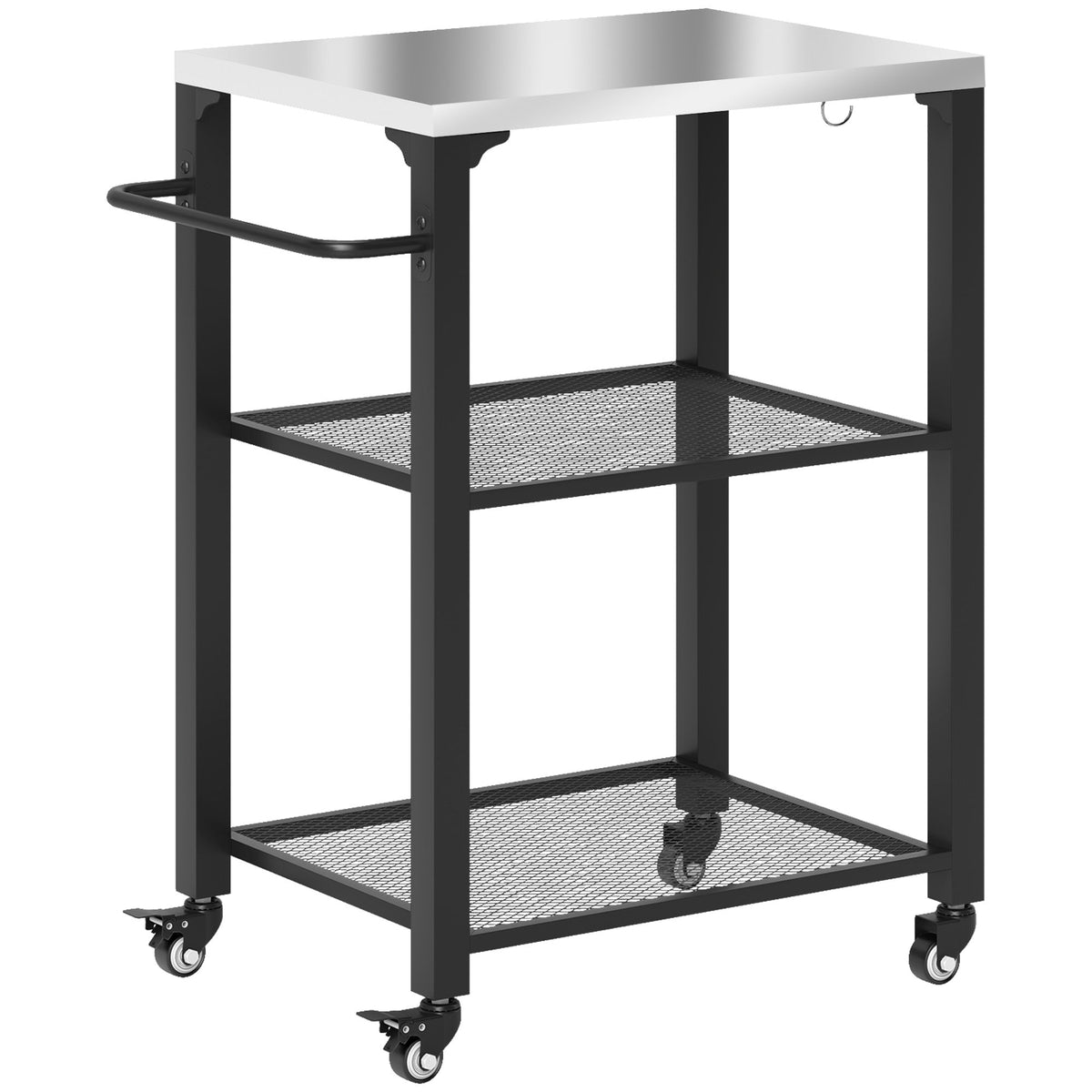 3-Shelf Outdoor Grill Cart Table with Side Handle, Stainless Steel Pizza Oven Stand on Wheels, Black