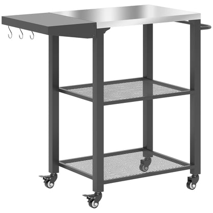 3-Shelf Outdoor Grill Cart Table with Side Handle, Stainless Steel Pizza Oven Stand on Wheels, Black