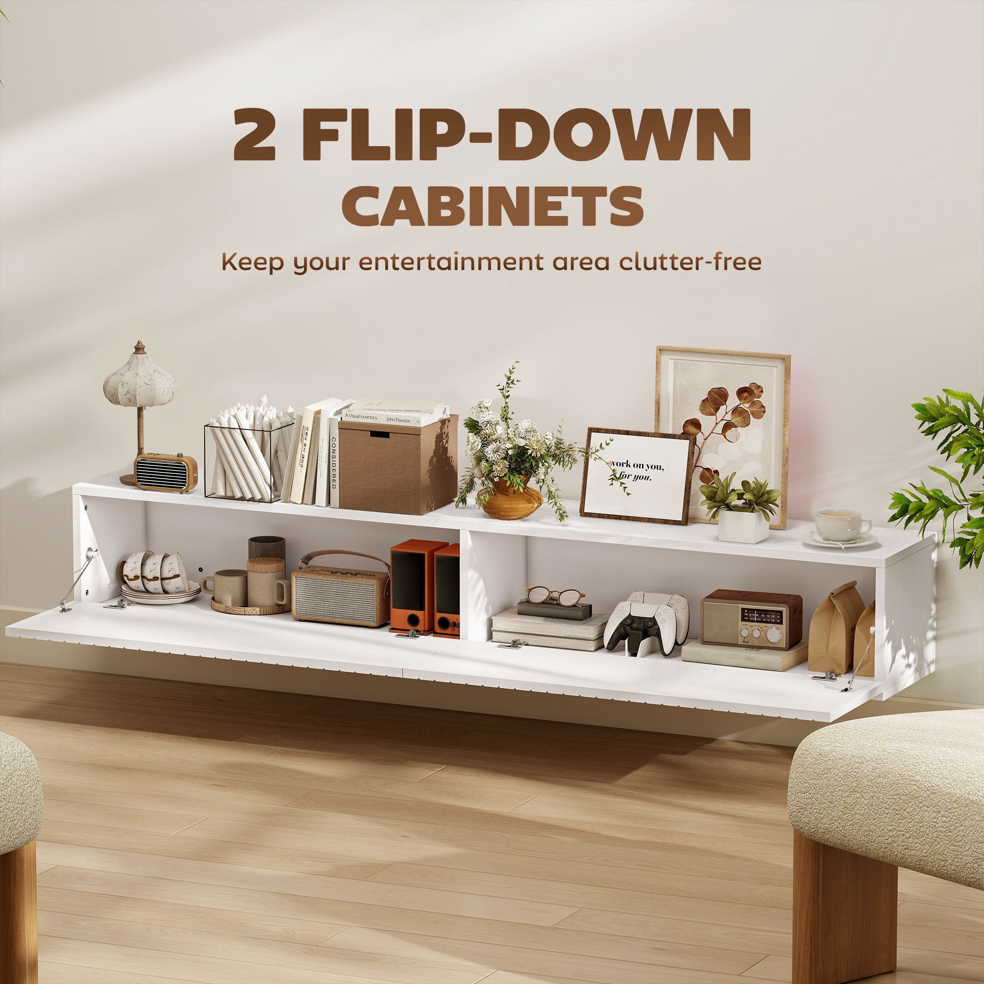 Jesse 55" Floating TV Stand with 2 Fluted Flip-Down Doors for TVs up to 72"-White