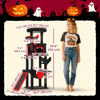 Gothic Cat Tree, 60" Tall Cat Tower with Coffin Bed, Sisal Scratching Posts & Ramp, Condo, Hammock, Perches, Black