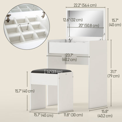 Modern Vanity Set with Makeup Table and Cushioned Stool, Dressing Table with Flip Top and Mirror for Bedroom, White