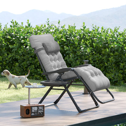 Padded Folding Recliner Chair, Patio Lounger with Cupholder, Adjustable Backrest, Removable Cushion, Black