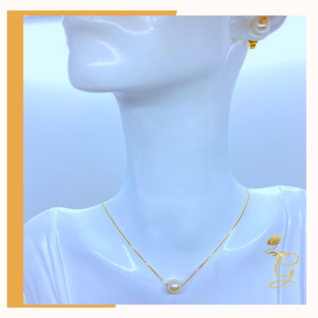 18K Real Gold White Pearl Earrings &amp; Necklace Set (18”)