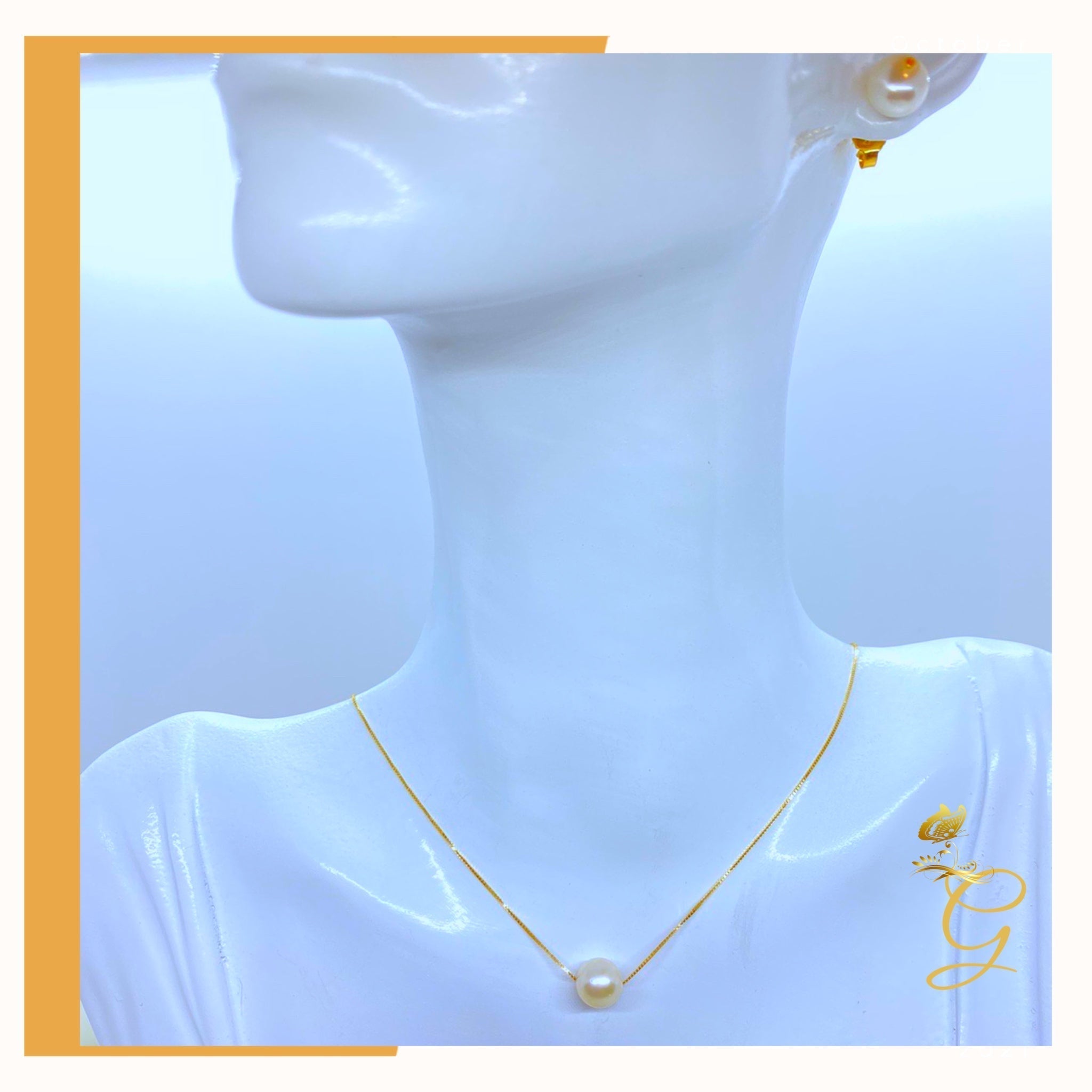 18K Real Gold White Pearl Earrings &amp; Necklace Set (18”)