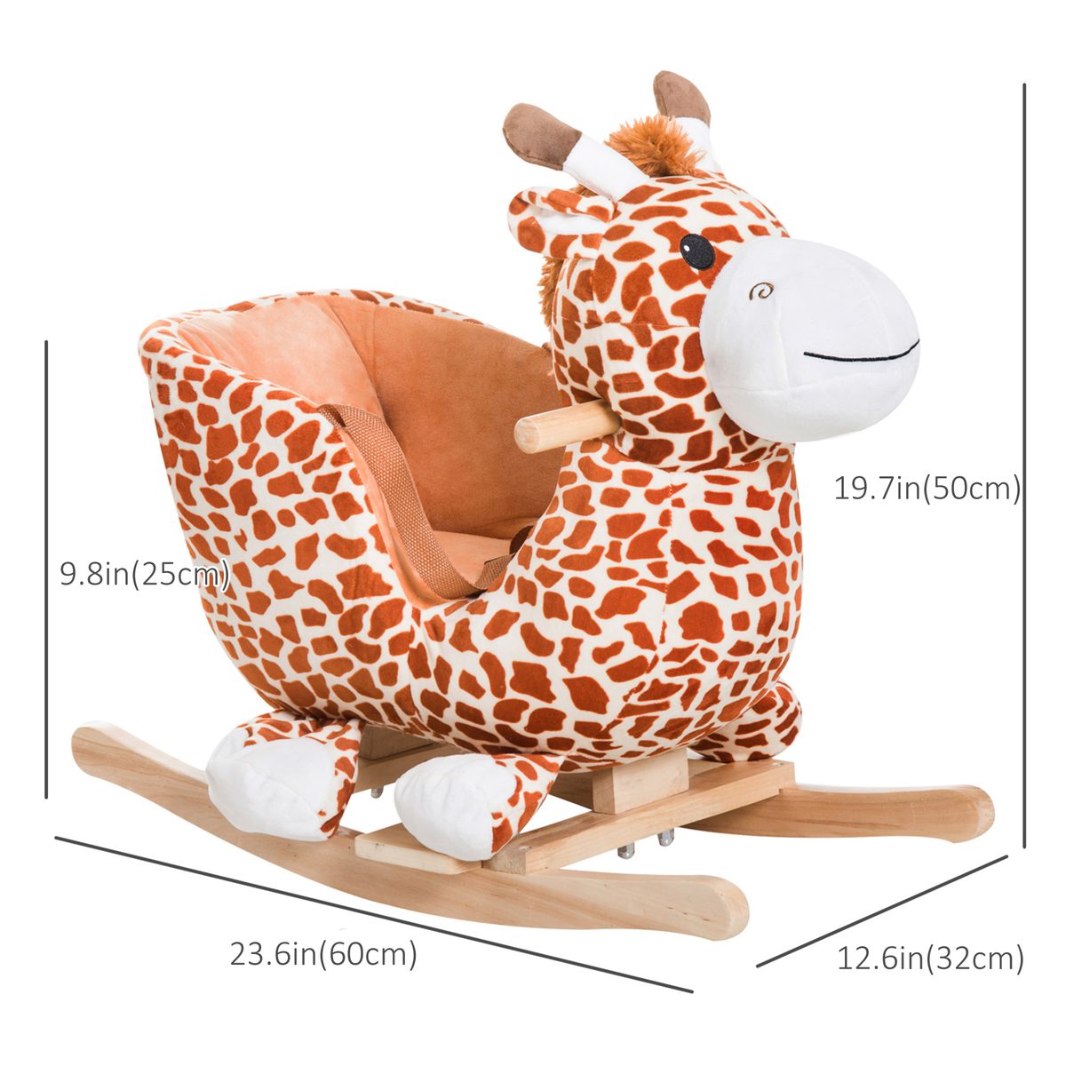 Wooden Plush Children Kids Rocking Horse Chair for Toddlers with Sound and Safety Belt, Giraffe Theme